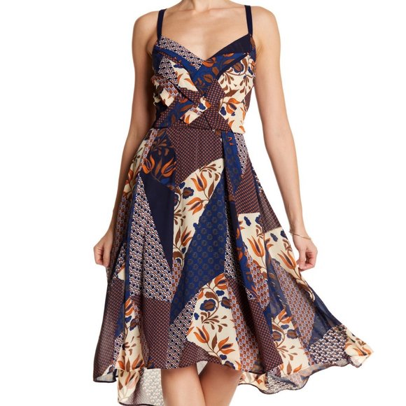 Eva Franco Hi-Lo Pleated Patchwork Summer Knee Length Dress - Picture 2 of 4